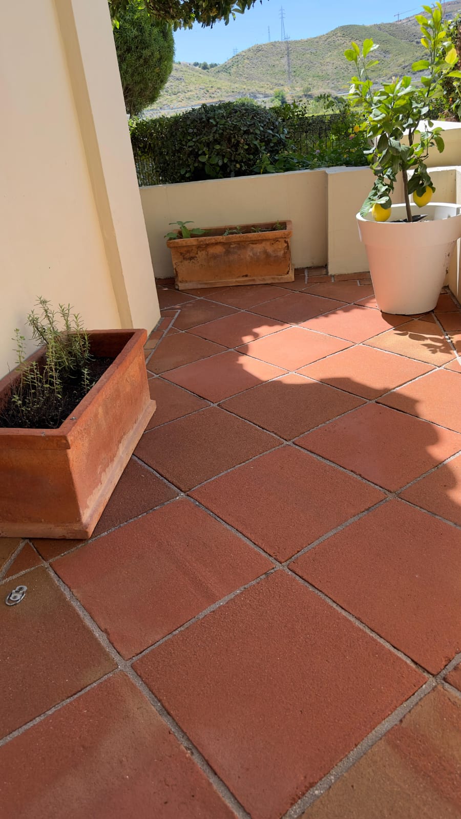 La même terrasse avec pots de fleurs après le traitement de la terre cuite